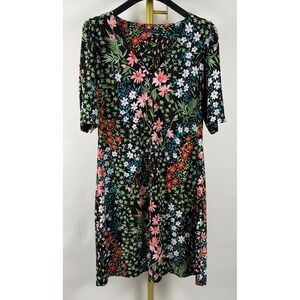 Tommy Hilfiger Floral Print Dress Size 10 Black Multicolor Short Sleeve Midi